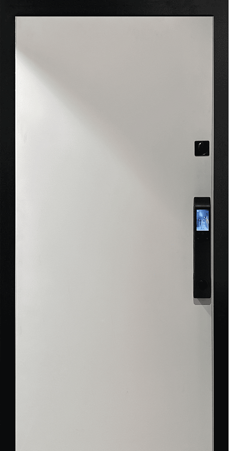 Внешняя дверь зеленого цвета с золотой отделкой, имеет три прямоугольные панели. Внутренняя дверь белого цвета с более простым дизайном.