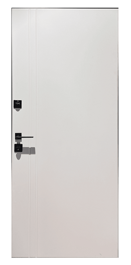 Внешняя дверь зеленого цвета с золотой отделкой, имеет три прямоугольные панели. Внутренняя дверь белого цвета с более простым дизайном.