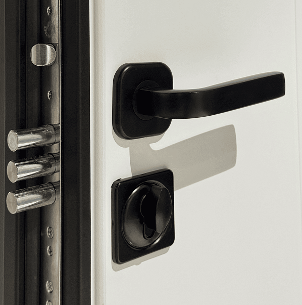 Чёрная фурнитура Fuaro TOR гармонично дополняет стильный дизайн двери.