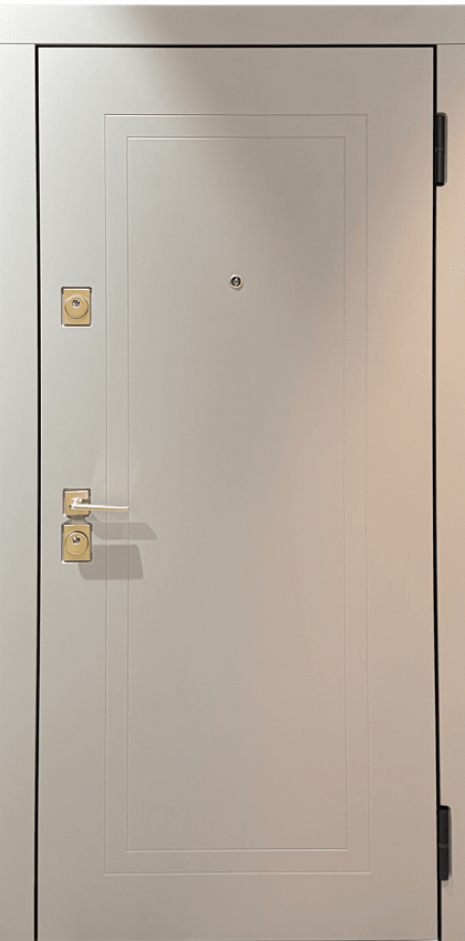 Внешняя дверь зеленого цвета с золотой отделкой, имеет три прямоугольные панели. Внутренняя дверь белого цвета с более простым дизайном.