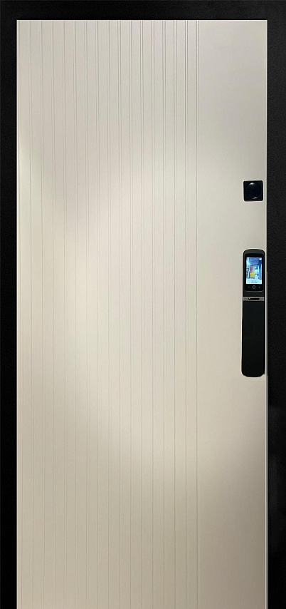 Внешняя дверь зеленого цвета с золотой отделкой, имеет три прямоугольные панели. Внутренняя дверь белого цвета с более простым дизайном.