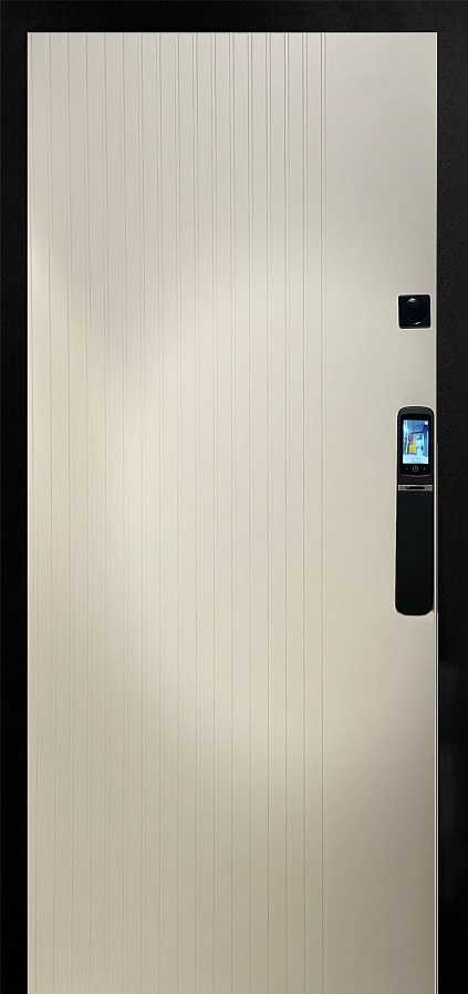 Внешняя дверь зеленого цвета с золотой отделкой, имеет три прямоугольные панели. Внутренняя дверь белого цвета с более простым дизайном.