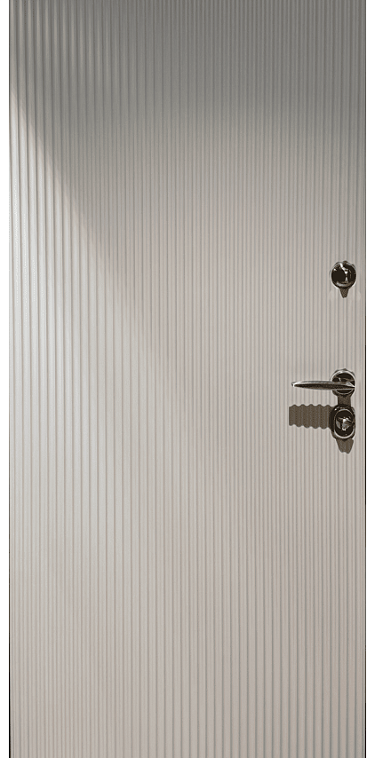 Внешняя дверь зеленого цвета с золотой отделкой, имеет три прямоугольные панели. Внутренняя дверь белого цвета с более простым дизайном.