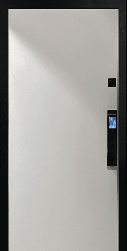 Внешняя дверь зеленого цвета с золотой отделкой, имеет три прямоугольные панели. Внутренняя дверь белого цвета с более простым дизайном.