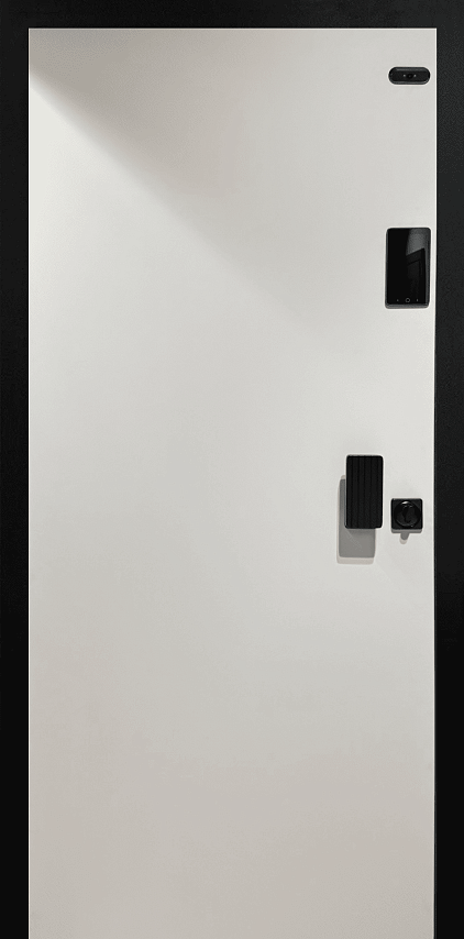 Внешняя дверь зеленого цвета с золотой отделкой, имеет три прямоугольные панели. Внутренняя дверь белого цвета с более простым дизайном.